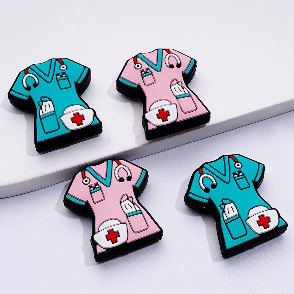 Teal Pink Color Nurse Uniform with Nurse Hat Stethoscope Silicone Focal Beads