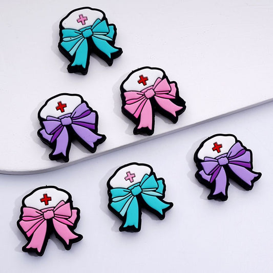 Purple Teal Pink Bowtie with White Nurse Hat Silicone Focal Beads