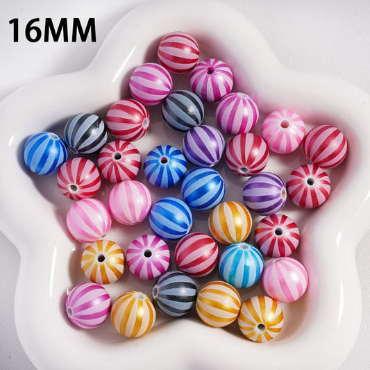 Metallic Watermelon Stripe Design Round Acrylic Beads 16MM