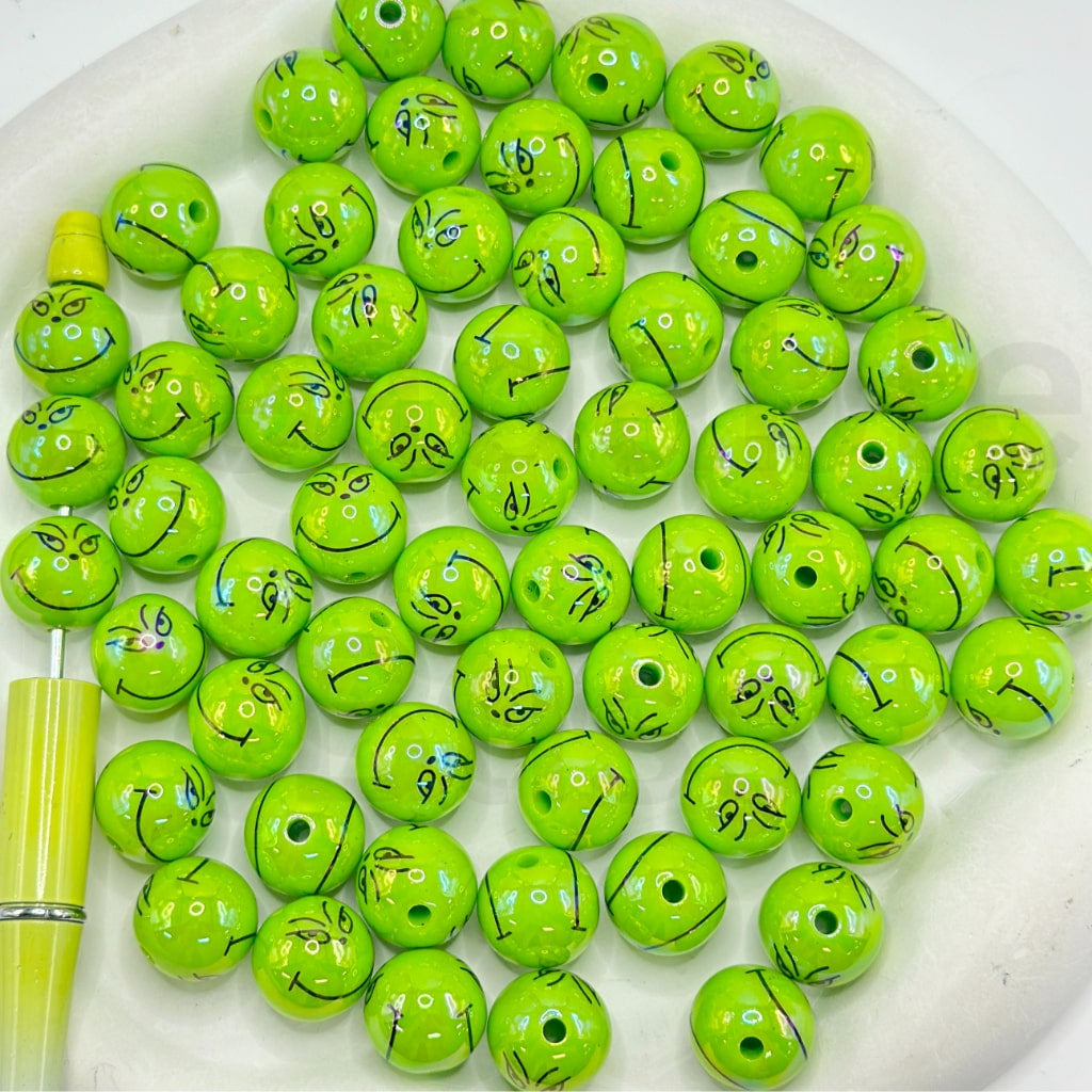 Round Green Character Shiny Acrylic Beads, 16MM