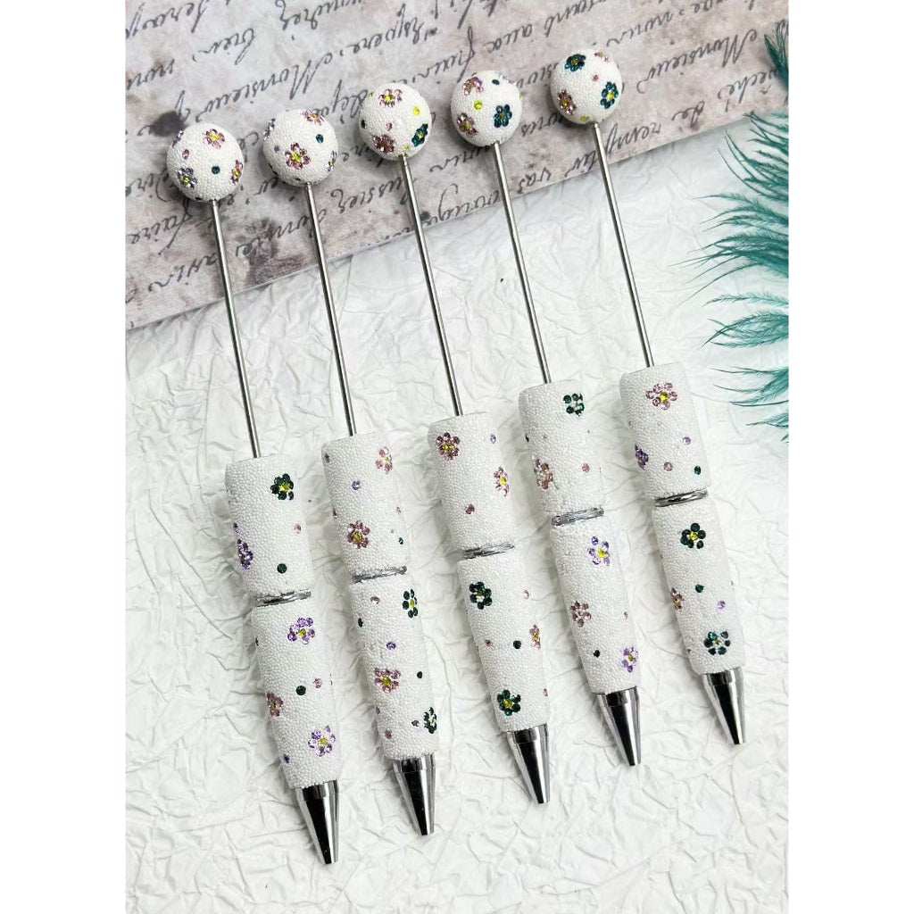 Beadable Clay Pens with Round Ball Pen Topper Head, Mini White & Colorful Flower Rhinestones