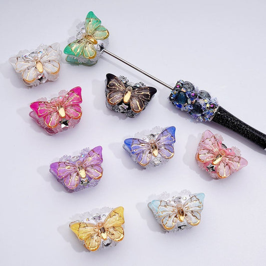 Chic Butterfly Clay Beads with Gold Stripes, AB Crystals, Clear Stars & Floral Details, Approx. 32x18MM