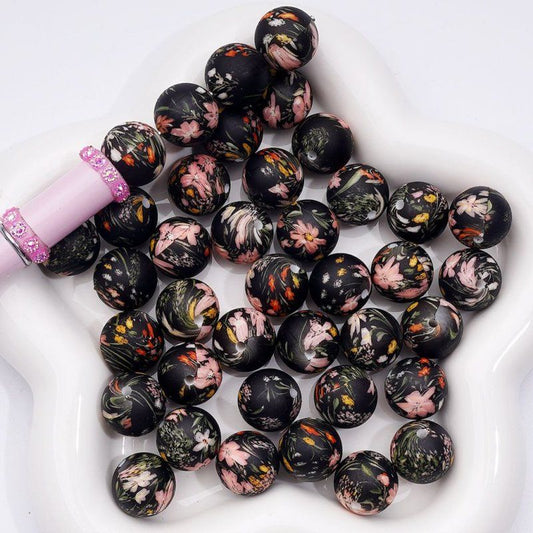 Black Cute Flowers Printed Silicone Beads, Number Z-00244 15MM