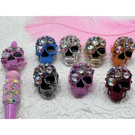 Multi-Color Delicate Alloy Skeleton Skull Head with Colorful Shiny Rhinestones, White Pearls, Heart Diamond Clay Beads, Random Mix, Around 37*26MM, Please Read the Description