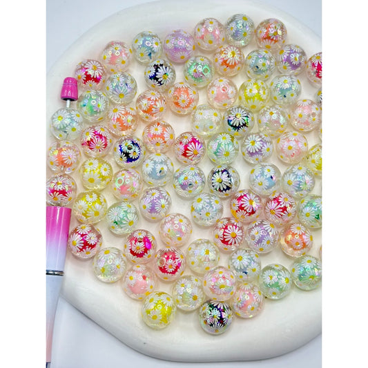 Daisy Print Clear Round Fancy Small Acrylic Beads Small Bead Inside, 16MM