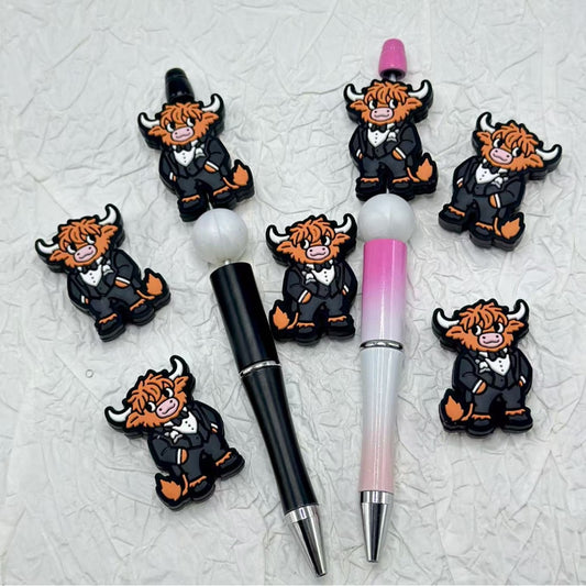 Cute Handsome Cow in Black Suit Tuxedo Silicone Focal Beads