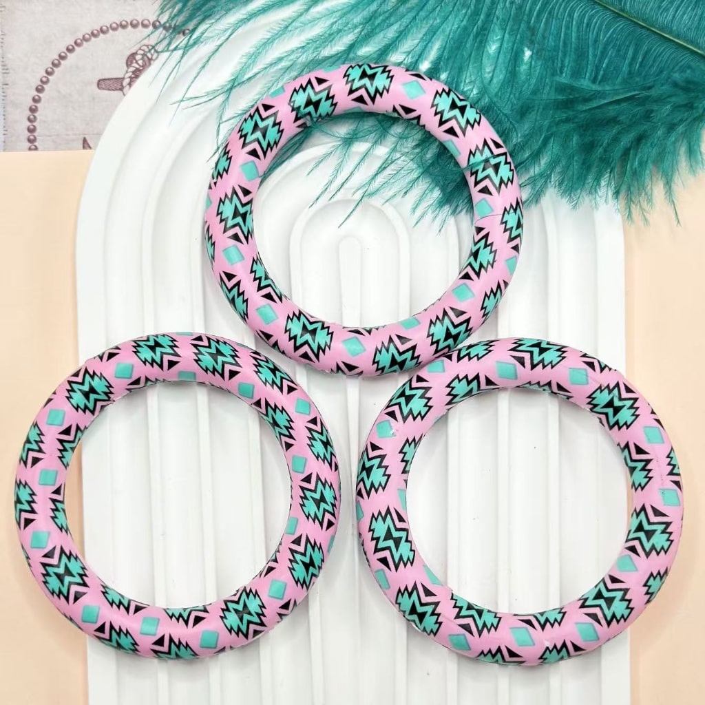 Pink Silicone Ring Frame Bead with Teal Aztec Designs Circle Round Soft Car Hanger Charm Loop 65mm