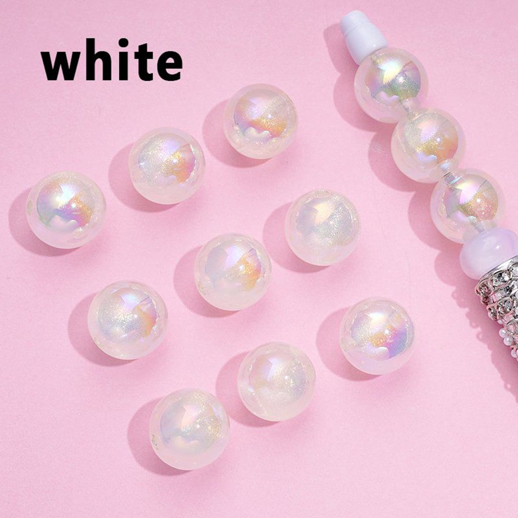 Iridescent beads on a pink background with 'white' text

