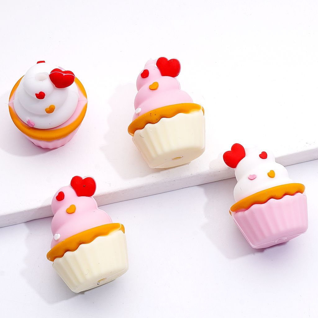 Multi-Color 3D Cute Ice Cream Cake Cup with Red Heart Silicone Focal Beads