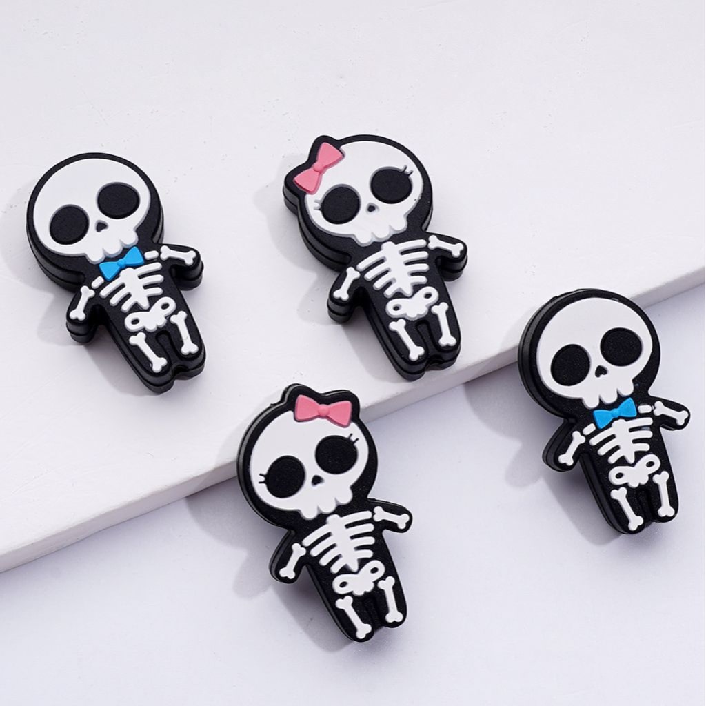 Eerie Skeleton Skull Silicone Focal Beads – Pink Bowknot & Blue Bow Tie for a Bold Contrast