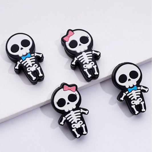 Eerie Skeleton Skull Silicone Focal Beads – Pink Bowknot & Blue Bow Tie for a Bold Contrast