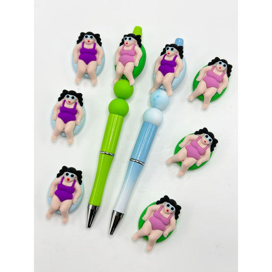 3D A Lady Girl with Sunglasses Lies on the Swimming Ring Silicone Focal Beads
