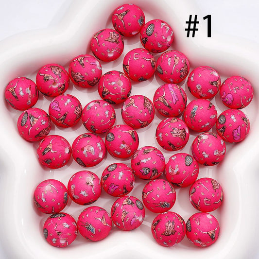 Cowboy Series Western Icons on Rose-Red Grid Hat, Star, Ox & Bone Motifs Silicone Round Beads 15MM