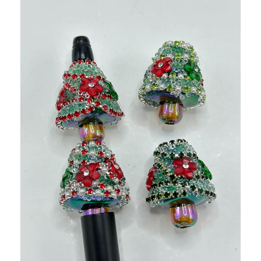 Vivid Red Green Bling Bling Rhinestone White Pearl Small Flower Christmas Tree Sugar Acrylic Beads, Around 30*24MM