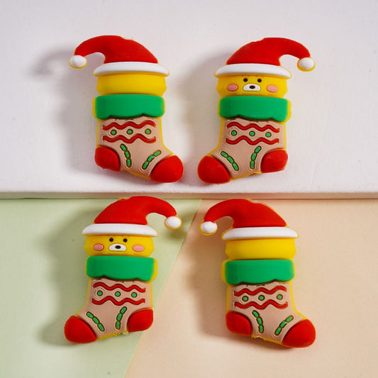 3D Cute Bear Christmas Socks & Red Santa Hat Design Silicone Focal Beads