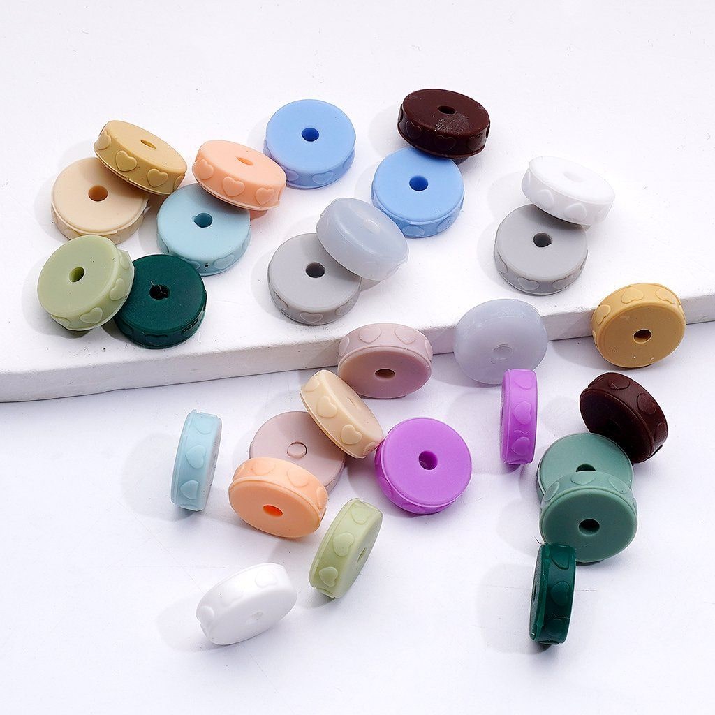 Round Flat Spacer Beads with Solid Color Heart Prints 12MM Silicone Charms for Jewelry & DIY