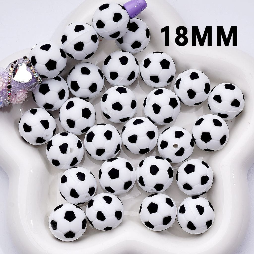 Mini Silicone Focal Beads Bold Football Design in Black & White, Soccer Style