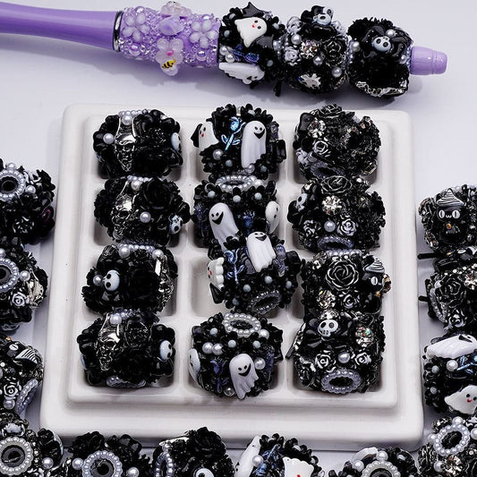 Black Flowers White Ghost Pearls Halloween Acrylic Beads 19*23MM Random Mix