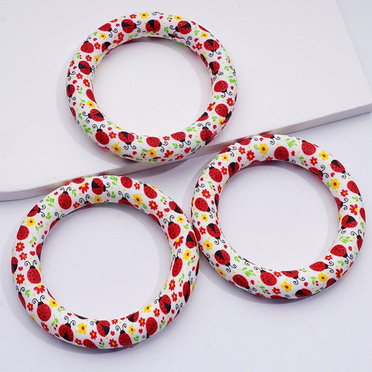Silicone Ring Bead with Red Ladybug and Floral Print Soft Round Car Hanger Charm Loop, 65MM