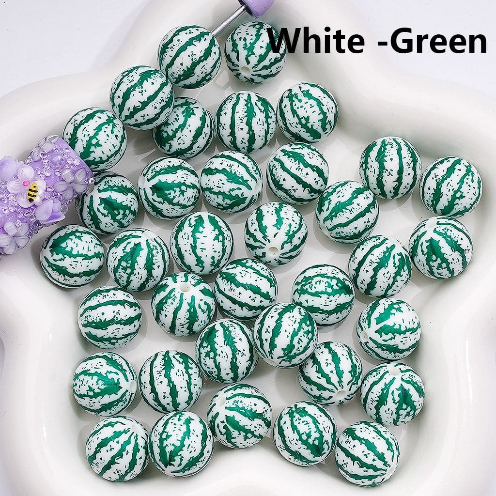 Watermelon Stripe Round Printed Design Multi-Color Style Silicone Beads Z-00281 15MM