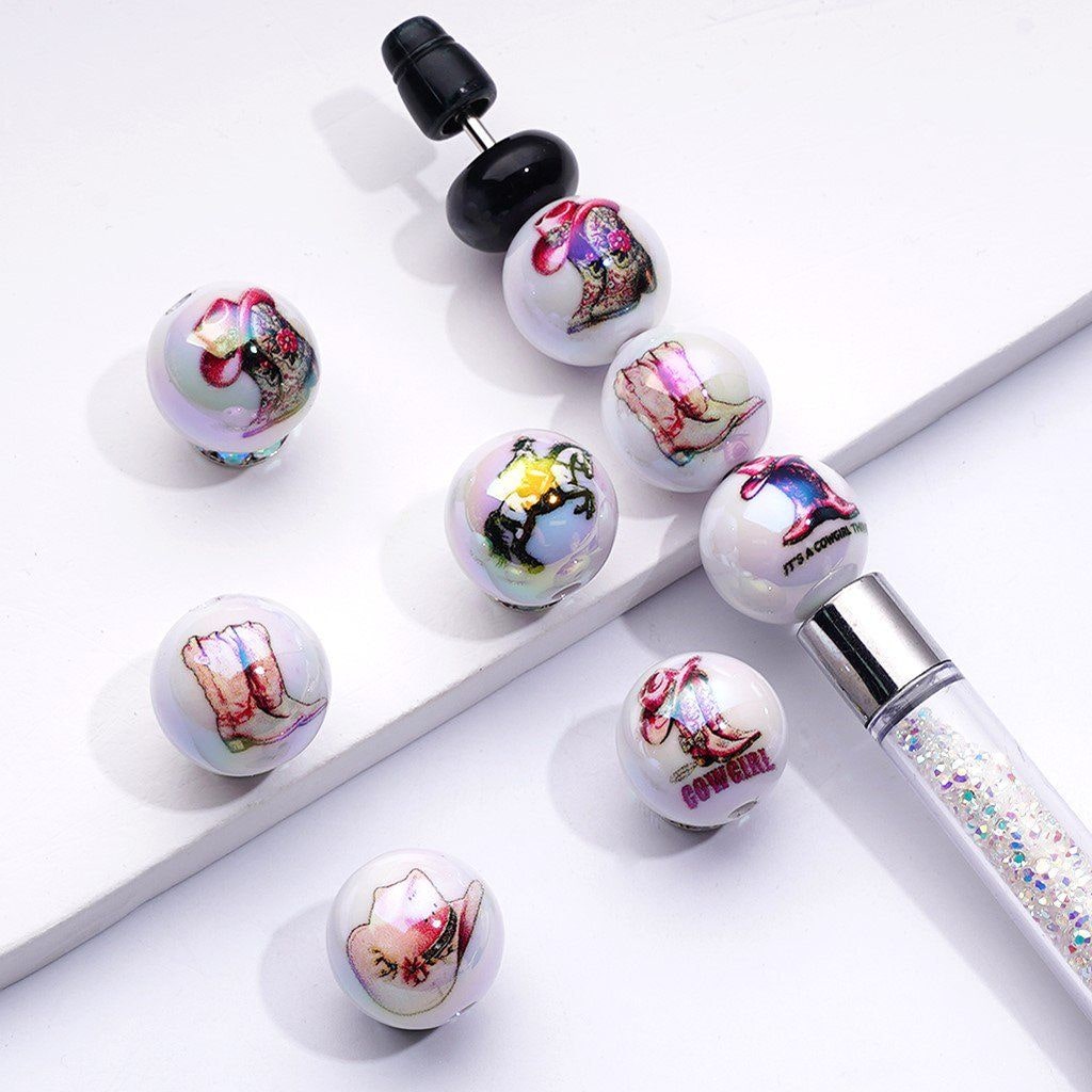 UV-Coated Acrylic Beads – Cowgirl Style with Pink Boots & Hats – White Round Design – 16MM Assorted Mix