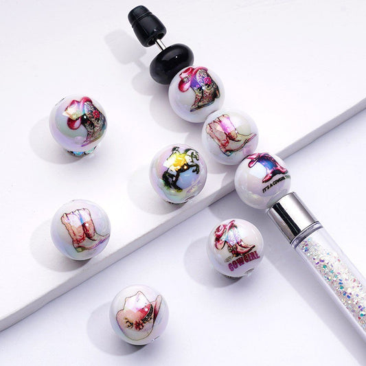 UV-Coated Acrylic Beads – Cowgirl Style with Pink Boots & Hats – White Round Design – 16MM Assorted Mix