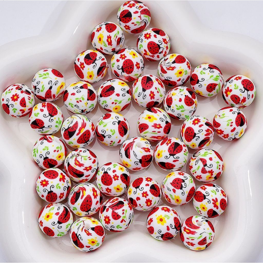 Cute Red Ladybug Silicone Beads with Flower Print 15MM, Design No. Z-00247