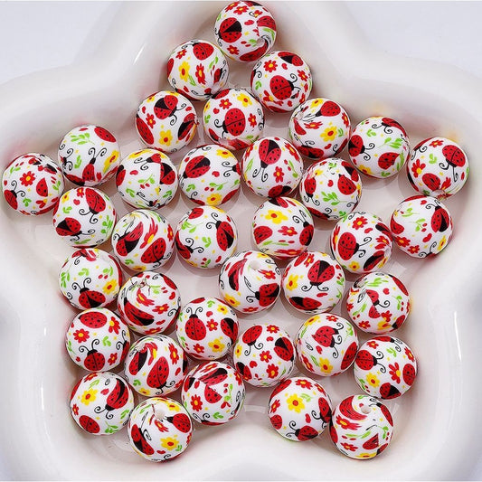 Cute Red Ladybug Silicone Beads with Flower Print 15MM, Design No. Z-00247