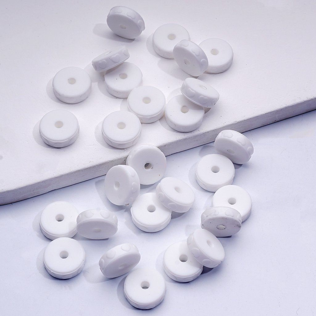 Round Flat Spacer Beads with Solid Color Heart Prints 12MM Silicone Charms for Jewelry & DIY