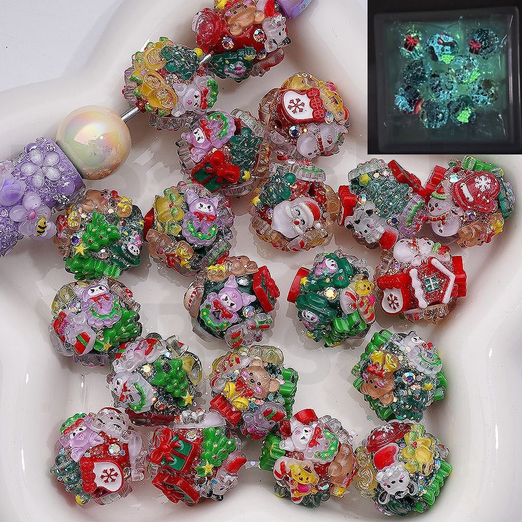 Socks Star Bell Gift Snowman Elk Kurom Christmas Sanri Topic Father Christmas Tree Candy Cane PomPo Puri My Melod Pochacc Luminous AB Rhinestones Round Clay Beads, 20MM