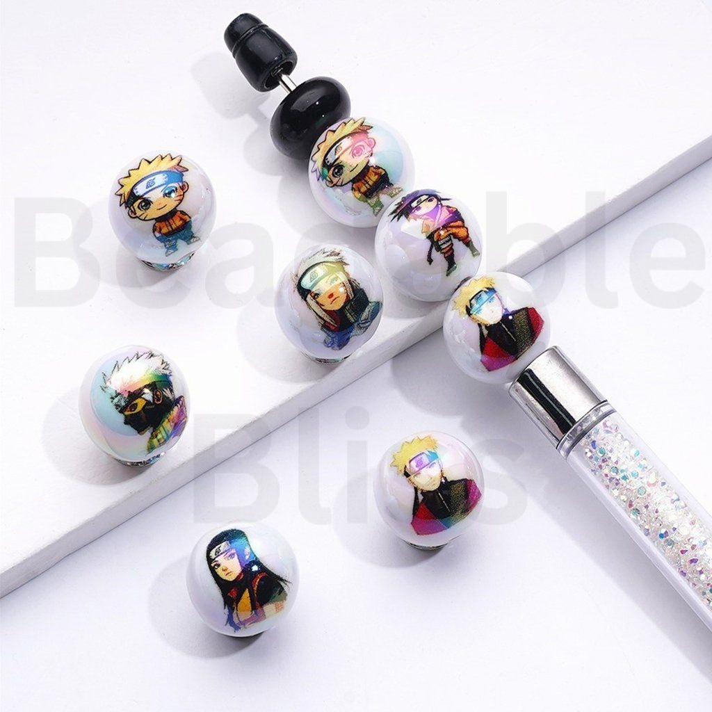 UV Coating Narut Anime White Round Acrylic Beads, 16MM, Random Mix