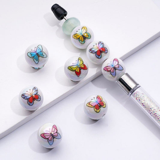 UV-Coated White Acrylic Beads – Bright and Colorful Butterfly Design, 16MM, Random Mix