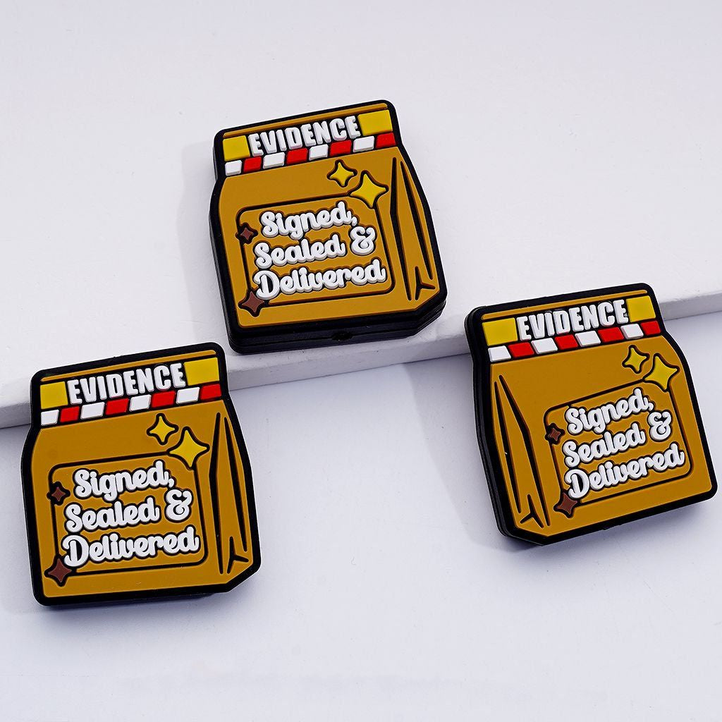 Signed, Sealed & Delivered Charms Statement Acrylic Silicone Beads Inspired by Evidence Motifs