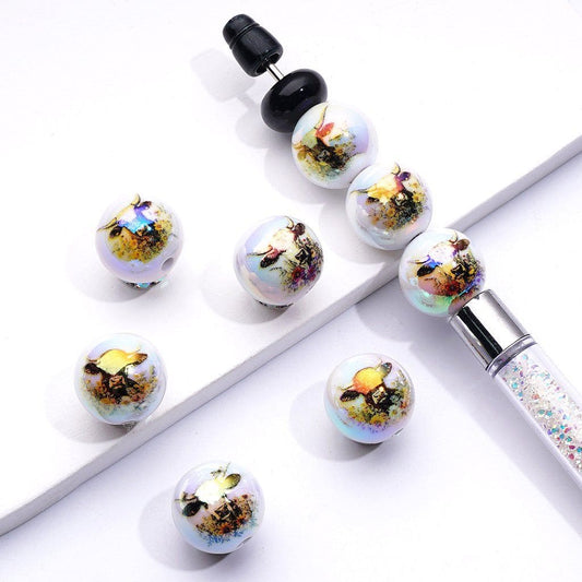 UV-Coated White Acrylic Beads – Adorable Cow & Yellow Flowers Design, 16MM, Random Mix