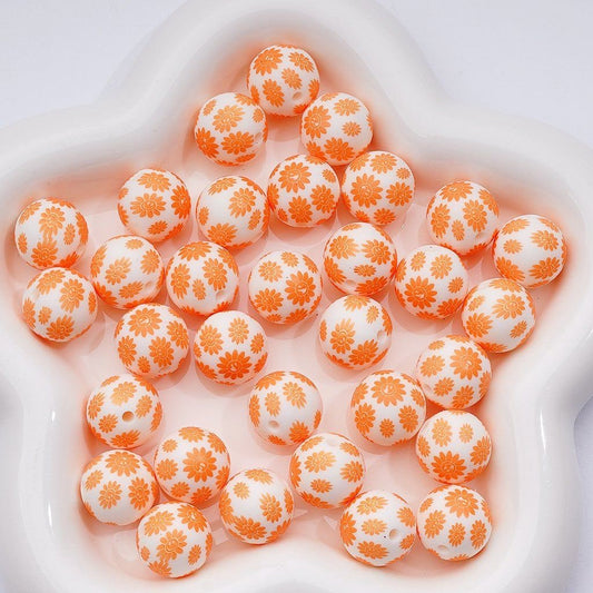 Smile Face Flower Printed Orange Silicone Beads 15MM Number Z-00252