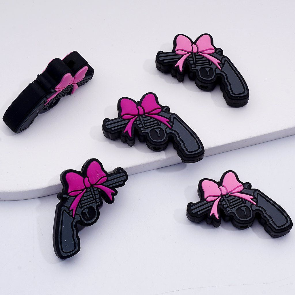 Vivid Pistol Charms with Pink Roses & Red Bowknots Bold Acrylic Silicone Beads, Random Mix