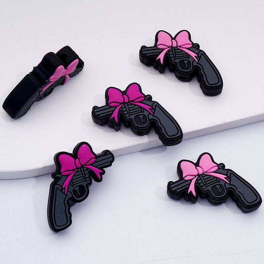 Vivid Pistol Charms with Pink Roses & Red Bowknots Bold Acrylic Silicone Beads, Random Mix