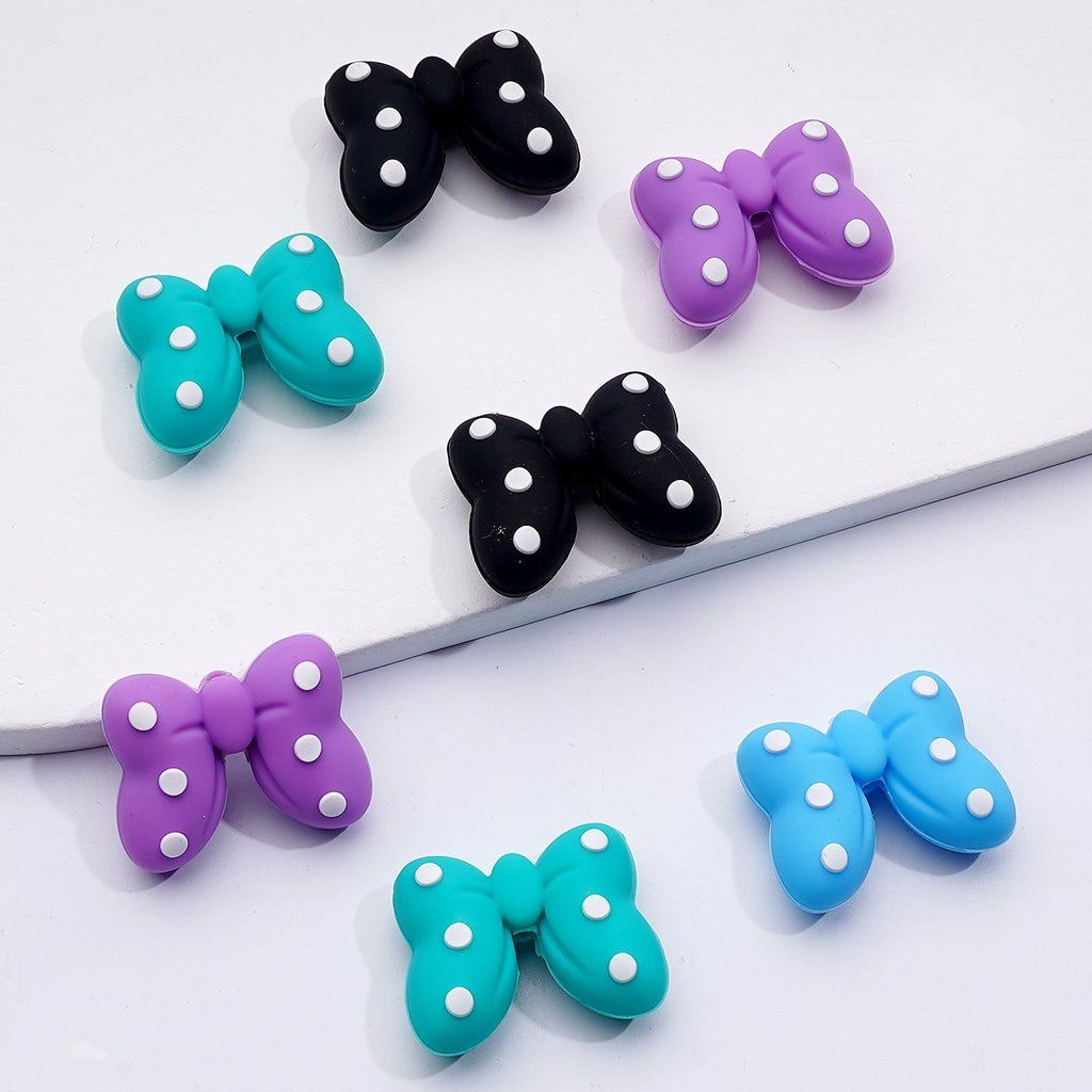 Multi-Color 3D Bowknots with Mini White Spots Silicone Focal Beads