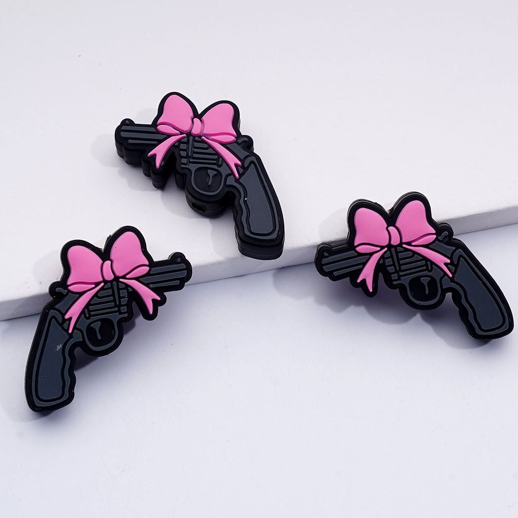 Vivid Pistol Charms with Pink Roses & Red Bowknots Bold Acrylic Silicone Beads, Random Mix