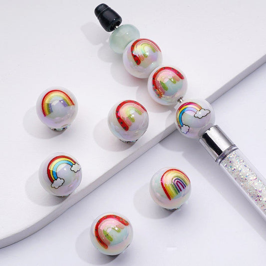 UV-Coated White Acrylic Beads – Vibrant Colorful Rainbow Design, 16MM, Random Mix