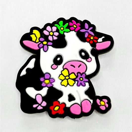 Cow Calf Dairy Cattle with Various Colors Small Flowers Silicone Focal Beads