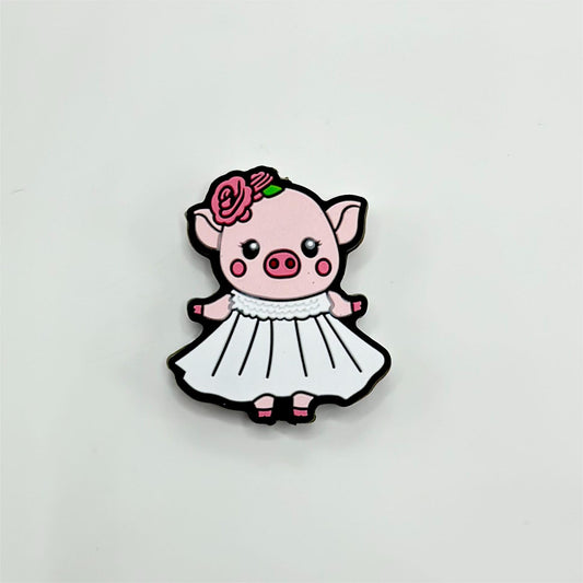 Cute Little Piggie in White Dress and Pink Flowers Silicone Focal Beads