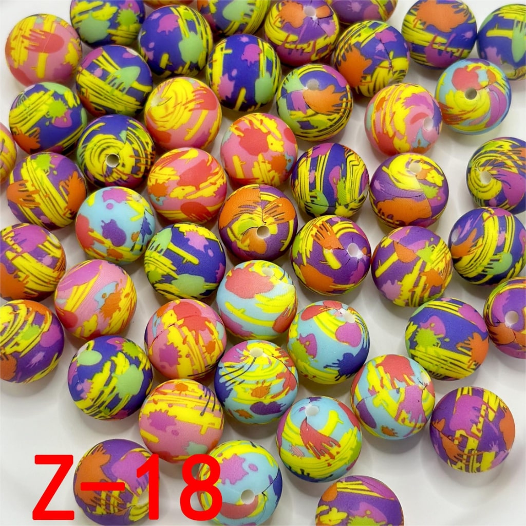 Colorful Graffiti Round Printed Silicone Beads 15mm, Number Z-18