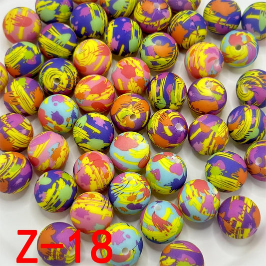 Graffiti Round Printed Colorful Silicone Beads 15mm, Number Z-18