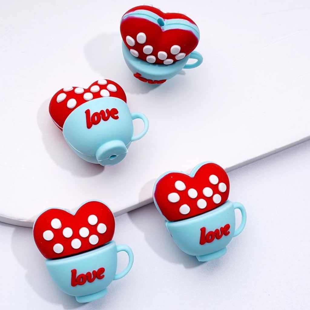 3D Cute Red Hearts Love Cups with White Spots Inside Silicone Focal Beads