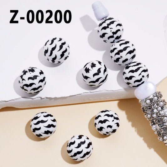 White Printed Black Moustache Beard Dad Father Silicone Beads 15MM, Number Z-00200