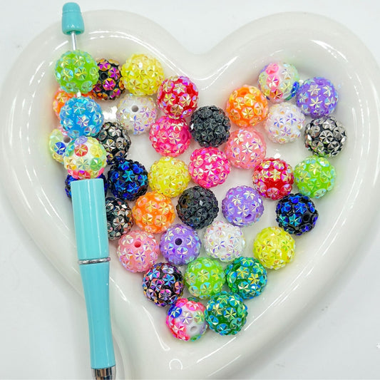 Shiny Sparkling Snow Flower Colorful Round Acrylic Beads Random Mix 16MM
