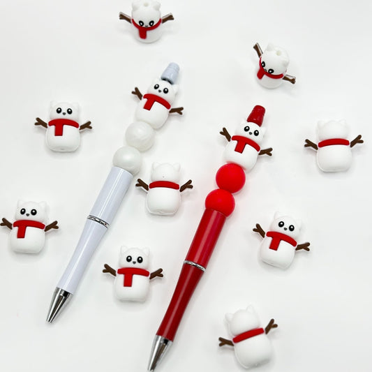 3D Adorable Christmas Cute Snowman with Red Scarf & Tree Branch Arm Silicone Focal Beads