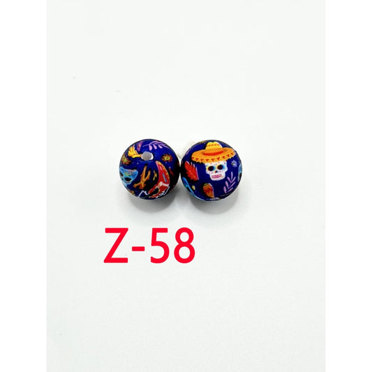 Blue Round Printed Skeleton Skull Head Pattern Silicone Beads 15mm, Number Z-58