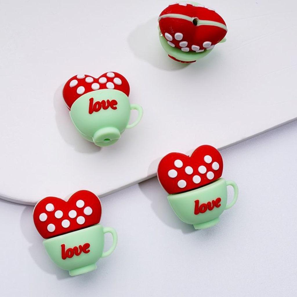 3D Cute Red Hearts Love Cups with White Spots Inside Silicone Focal Beads
